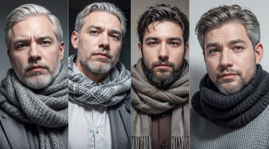 bushy man with a beard and scarf, gray hair and beard, 53 years old man with dark gray hair, some gray hair in his beard, short white beard, Gray beard, silver hair and beard, he has a beard and gray hair, gray beard , well-groomed white beard and hair, white hair and beard, trimmed gray beard, middle-aged man various poses in each frame and different clothes