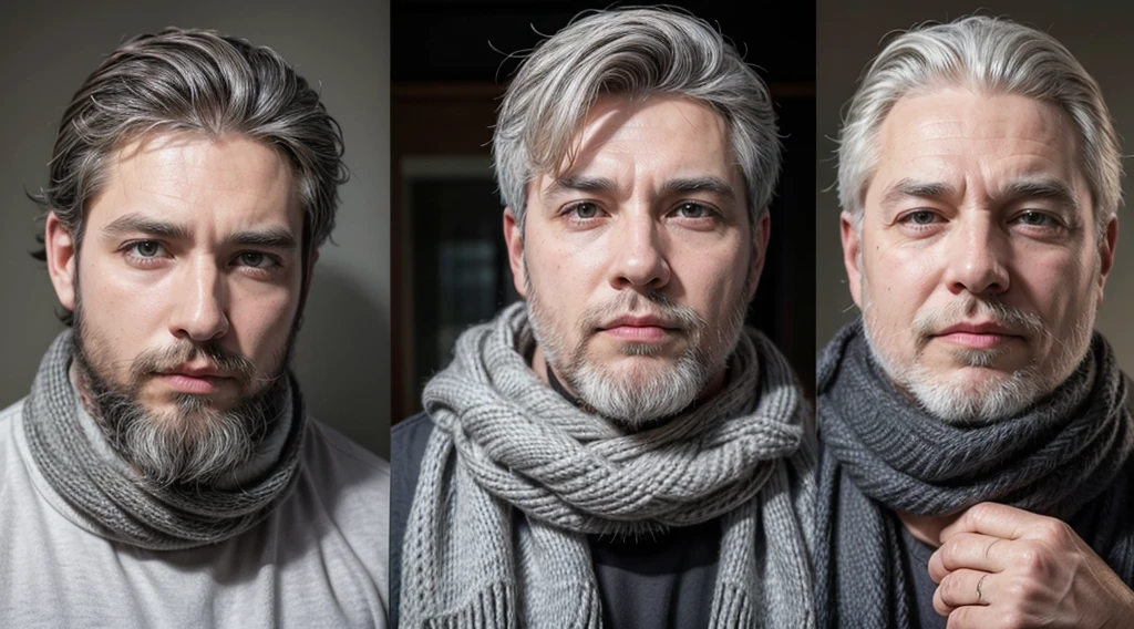 bushy man with a beard and scarf, gray hair and beard, 53 years old man with dark gray hair, some gray hair in his beard, short white beard, Gray beard, silver hair and beard, he has a beard and gray hair, gray beard , well-groomed white beard and hair, white hair and beard, trimmed gray beard, middle-aged man various poses in each frame and different clothes