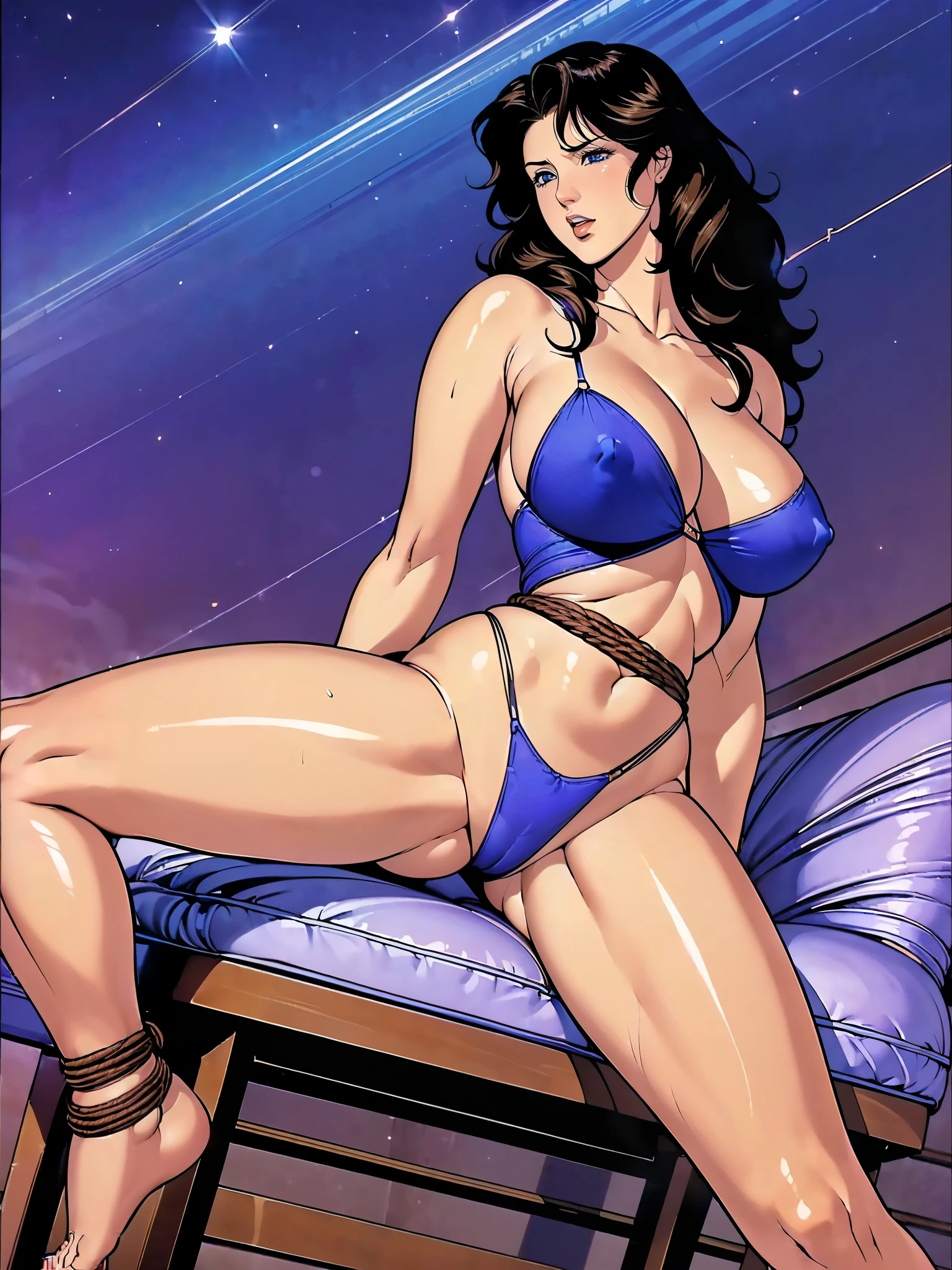 (masterpiece:1.2, Highest quality,Highest quality),(Very detailed),8K,wallpaper,Studio Lighting,Ultra-fine painting,Narrow your focus,Physically Based Rendering,1 female,Beautiful Skin,Shiny skin,Beautiful Hands,Detailed hand drawing,(Shiny costumes),(Wearing a belt around his waist),Sensual,(Hair blowing in the wind),((Night sky and shooting stars)),(((RuiKisugi,1 Female, Long Hair,Wavy Hair,Black Hair,eyelash,blue eyes,lipstick,Big Hips,Thick thighs,(Long legs:1.2),Cleavage,Mature Woman, Hip Up,Abdominal muscles,((Large Breasts:1.4))、Tight waist,Voluptuous body line,Beautiful legs,Beautiful feet,Long legs,Photograph the whole body,Beautiful feet,Long legs,Thighs open,Nipples visible,The areola is protruding,Voluminous lower body,Thick thighs,Big Ass, 大きなSexy ass, Perfect Body Proportions, Slim waist, Full body photography, 赤いlipstick, Sitting on sofa with legs spread,Black Micro Bikini、(Rope Bondage:1.2),((Put your arms behind your back)),Tied up woman,Tied up with rope, Tightly bound, Hands tied, Her body was tied with ropes,Length 180cm,Small face,(Fully expose your thighs to the viewer:1.6),((Amazing orgasm)),Angle from below,(Low angle shot:1.1), sweating, Soft thighs, Shiny thighs, Beautiful Hands, Full body photography, セクシーなBeautiful feet, Pay attention to her beautiful legs, 魅力的なBeautiful feet, Sexy ass, Cleavage,Open the chest,Turn your butt facing the camera,Buckshot,Stick your butt out