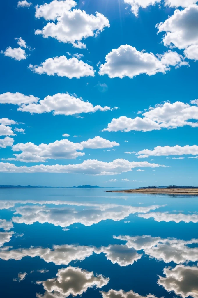 arafly blue sky with clouds reflected in the water, naturalism, magic realism, by Takahashi Yuichi, marvellous reflection of the sky, dynamic blue sky, blue reflections, beautiful cloudy deep blue sky, blue cloudy sky