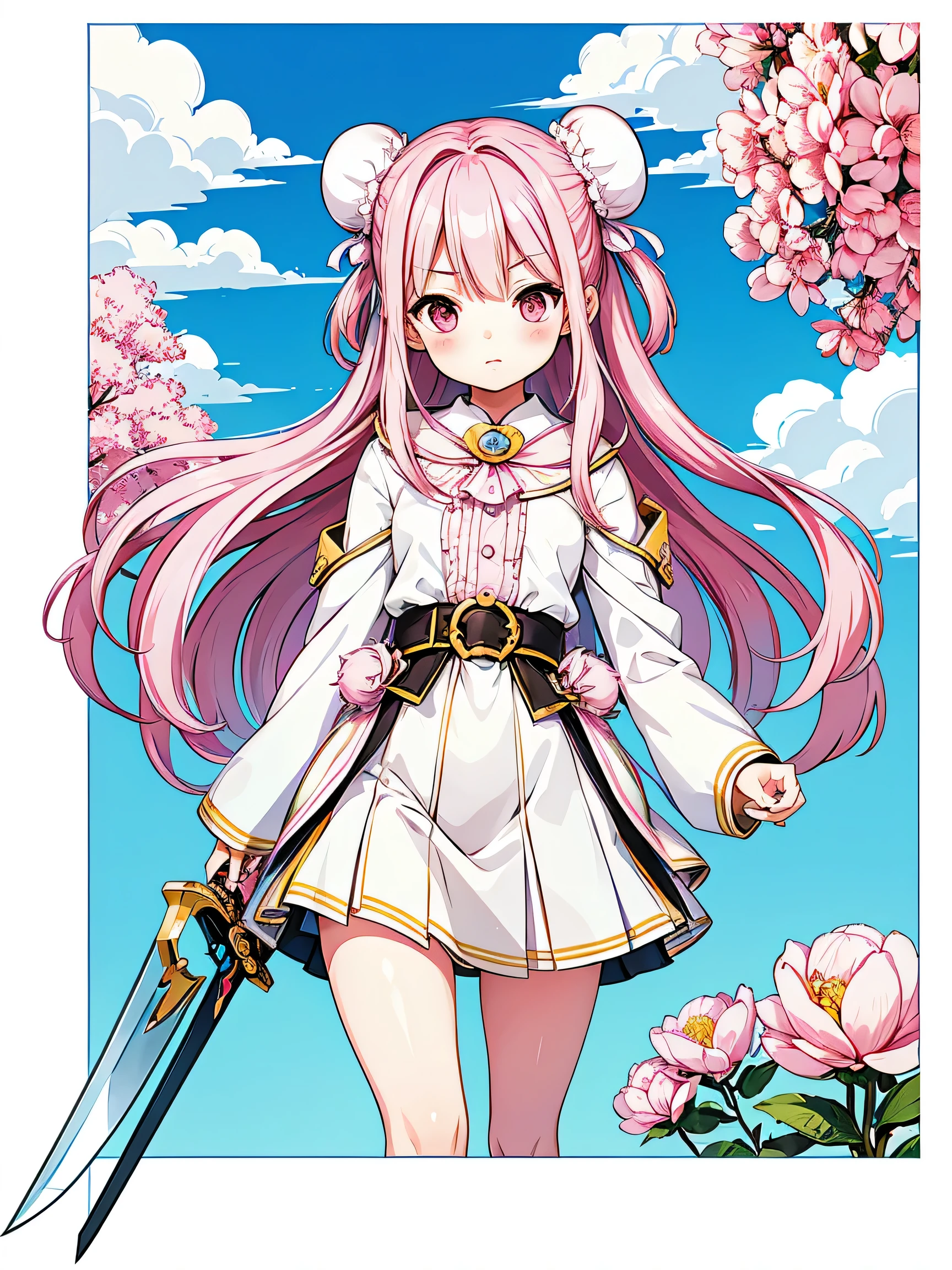 ((Stickers)),Stickers,1 Girl, With sword, White Background,Simple Background,Concept Art,Under Art,Anime Style,Dreamland Wonderland、Fantasy,masterpiece,High resolution,colorful,Detailed explanation,Seven Colors,(Highest quality,masterpiece, Complex,Super detailed,8K超High resolution,超High resolution,Very detailed),{Detailed and beautiful eyes}, finely, Detailed and beautiful eyes,1 Girl, (alone:1.5), (Hair Ribbon:0.4), Pink Eyes,Cinematic Angles,perspective,(((White bun hair))),(((Long pink hair))),whole body,