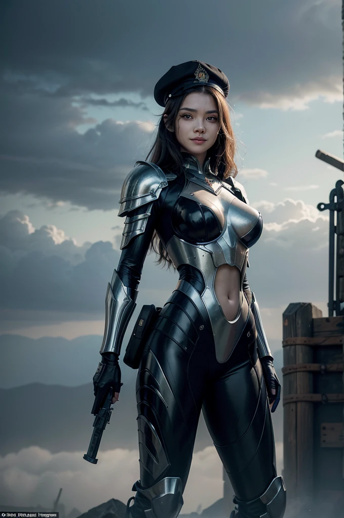 In the center of the frame stands a WARRIOR WOMAN, wearing a sleek suit of futuristic ARMOR adorned with intricate designs. She sports a confident smile, baring her teeth, and a stylish beret perched atop her head. In one hand, she holds a gleaming SWORD, while the other rests on the hilt of a high-tech GUN holstered at her side. Behind her, a diverse group of PEOPLE gathers, including a towering ROBOT, a medieval KNIGHT, a menacing ZOMBIE, and an otherworldly ALIEN. The scene is set against a backdrop of swirling clouds, hinting at an impending battle between technology and fantasy.