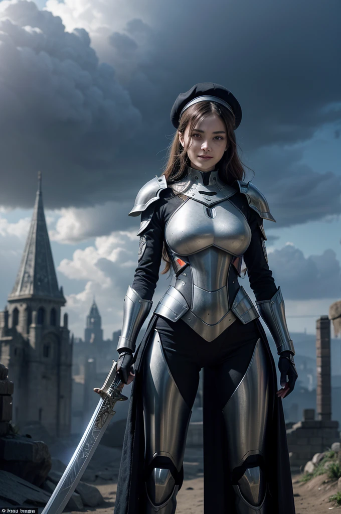 In the center of the frame stands a WARRIOR WOMAN, wearing a sleek suit of futuristic ARMOR adorned with intricate designs. She sports a confident smile, baring her teeth, and a stylish beret perched atop her head. In one hand, she holds a gleaming SWORD, while the other rests on the hilt of a high-tech GUN holstered at her side. Behind her, a diverse group of PEOPLE gathers, including a towering ROBOT, a medieval KNIGHT, a menacing ZOMBIE, and an otherworldly ALIEN. The scene is set against a backdrop of swirling clouds, hinting at an impending battle between technology and fantasy.