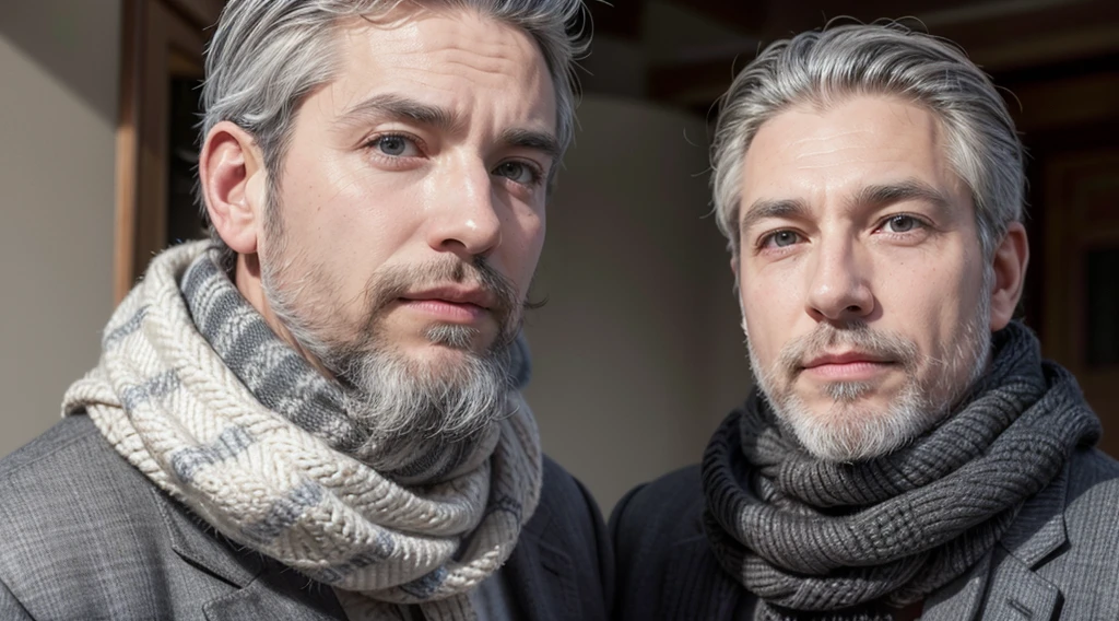 bushy man with a beard and scarf, gray hair and beard, 53 years old man with dark gray hair, some gray hair in his beard, short white beard, Gray beard, silver hair and beard, he has a beard and gray hair, gray beard , well-groomed white beard and hair, white hair and beard, trimmed gray beard, middle-aged man various poses and different clothes and the same face