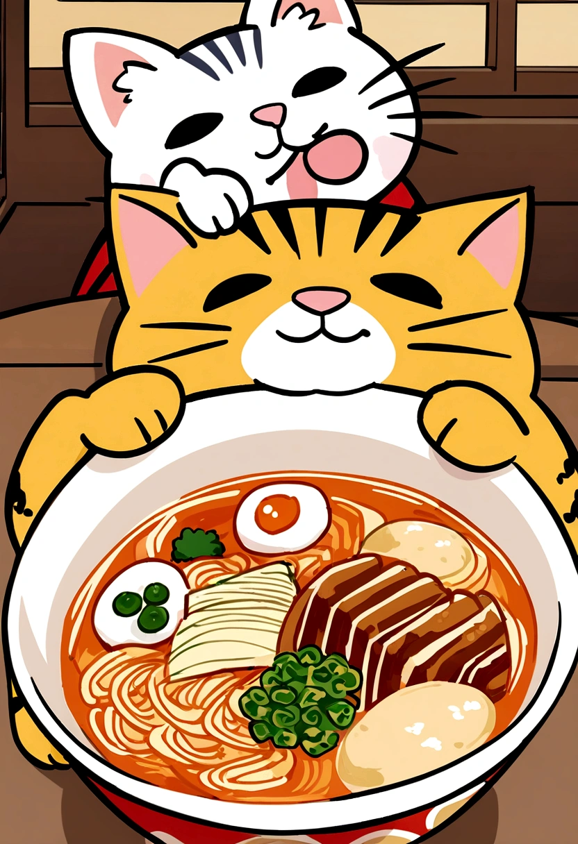 a close up of a cat with a bowl of food on a table, samurai cat, inspired by Gatōken Shunshi, iphone wallpaper, anthropomorphic cat ninja, phone wallpaper, 4 k manga wallpaper, eating ramen, high quality wallpaper, anime cat, ninja cat, ramen, inspired by Watanabe Shōtei, japanese cartoon style