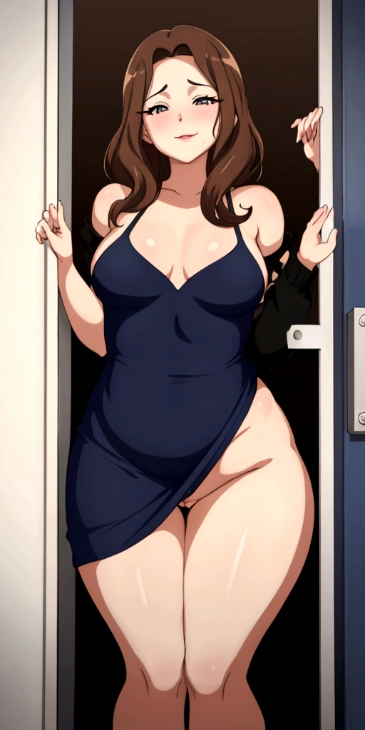 40 yearold milf, brunette, curvy and fat, look of ecstacy, shes behind a half open door bent over getting humped, she is looking at the small opening in the door smiling sly, making a small cock gesture