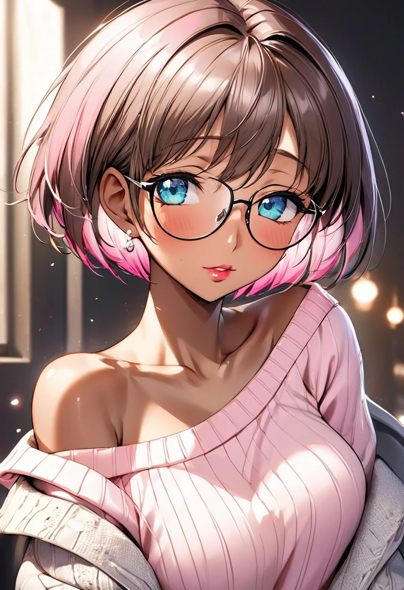 (masterpiece, best quality:1.2), ,1 Girl, solo，short hair（（（Exquisite eyes）））（（off-shoulder sweater））Radiant Skin，dark skin，wear glasses，Pink lips