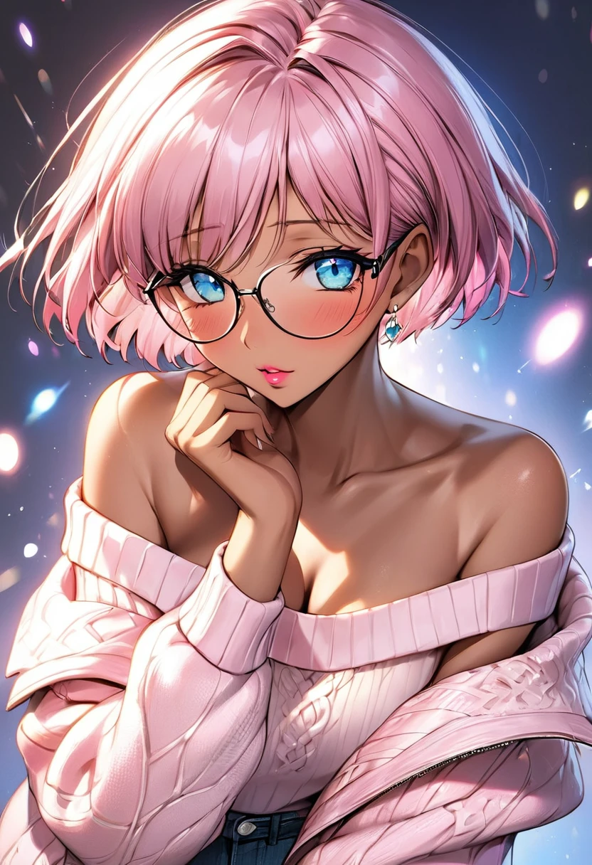 (masterpiece, best quality:1.2), ,1 Girl, solo，short hair（（（Exquisite eyes）））（（off-shoulder sweater））Radiant Skin，dark skin，wear glasses，Pink lips