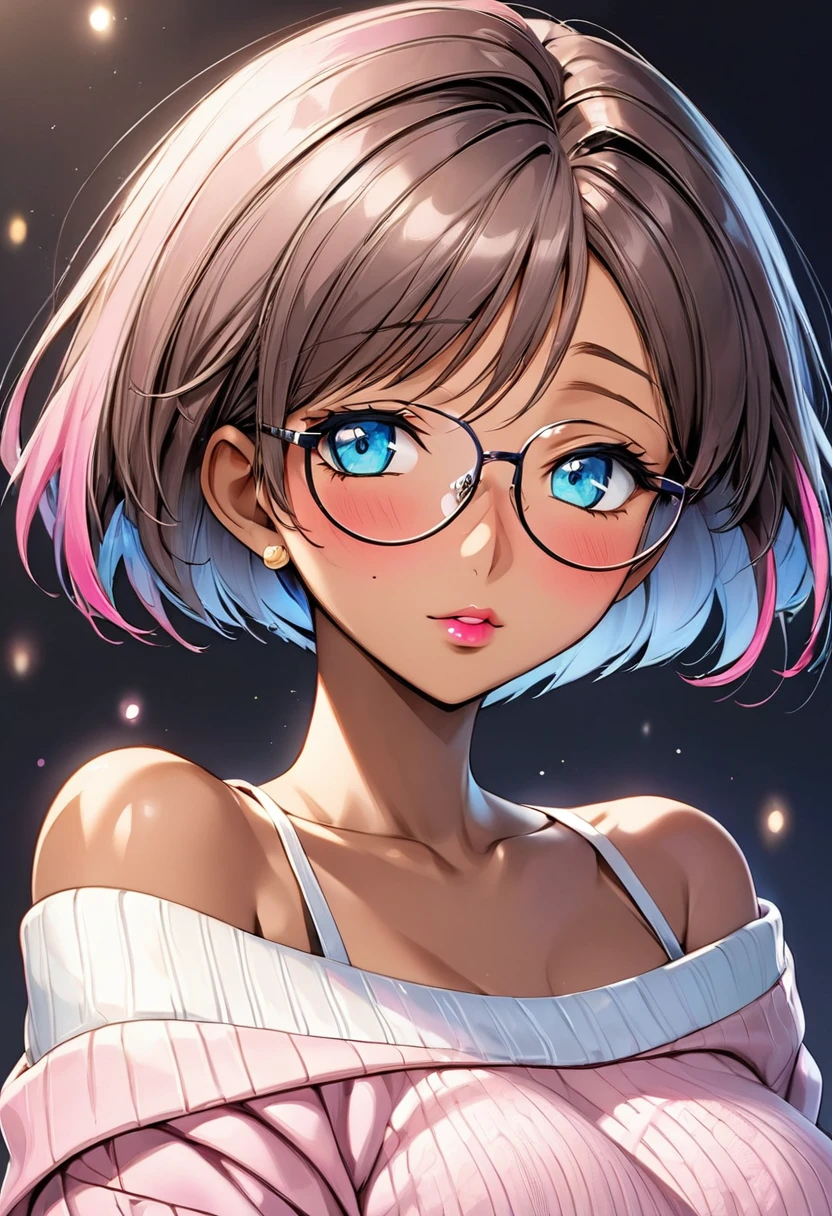 (masterpiece, best quality:1.2), ,1 Girl, solo，short hair（（（Exquisite eyes）））（（off-shoulder sweater））Radiant Skin，dark skin，wear glasses，Pink lips