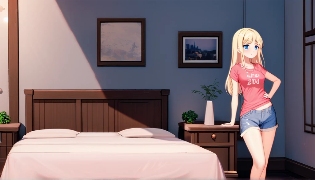 ((anime onichichi art, masterpiece, 4k, extreme quality)).
The year is 2024.
The theme is prostituition.
The setting is a 25m² room, the walls are white, the ceiling has friezes with 3000k LED that completely illuminates the setting, the floor is wooden, there is a wooden double bed with a light pink cover, a wooden nightstand next to.
There is a girl, she is lying on the bed, she is , focus of scene, short height(short:1.7), blonde(long:1.9) hair(bright:1.9) messy, blue eyes(bright:1.9), face wonderful, thin body(thin: 1.9), large and round breasts, thin waist(thin: 1.9), large and round ass, wide hips, slender thighs, wearing shorts(short: 1.4) jeans with an open zipper, wearing a t-shirt(short:1.4) white, she is embarrassed. The atmosphere is sensual and mysterious.
Complete view of the scene.