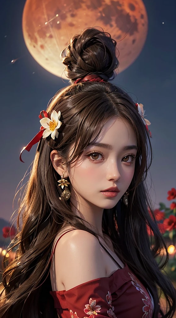 1girl, blurry, blurry_background, brown_eyes, brown_hair, depth_of_field, earrings, flower, full_moon, hair_flower, hair_ornament, lips, looking_at_viewer, moon, moonlight, night, night_sky, outdoors, red_flower, red_moon, sky, solo