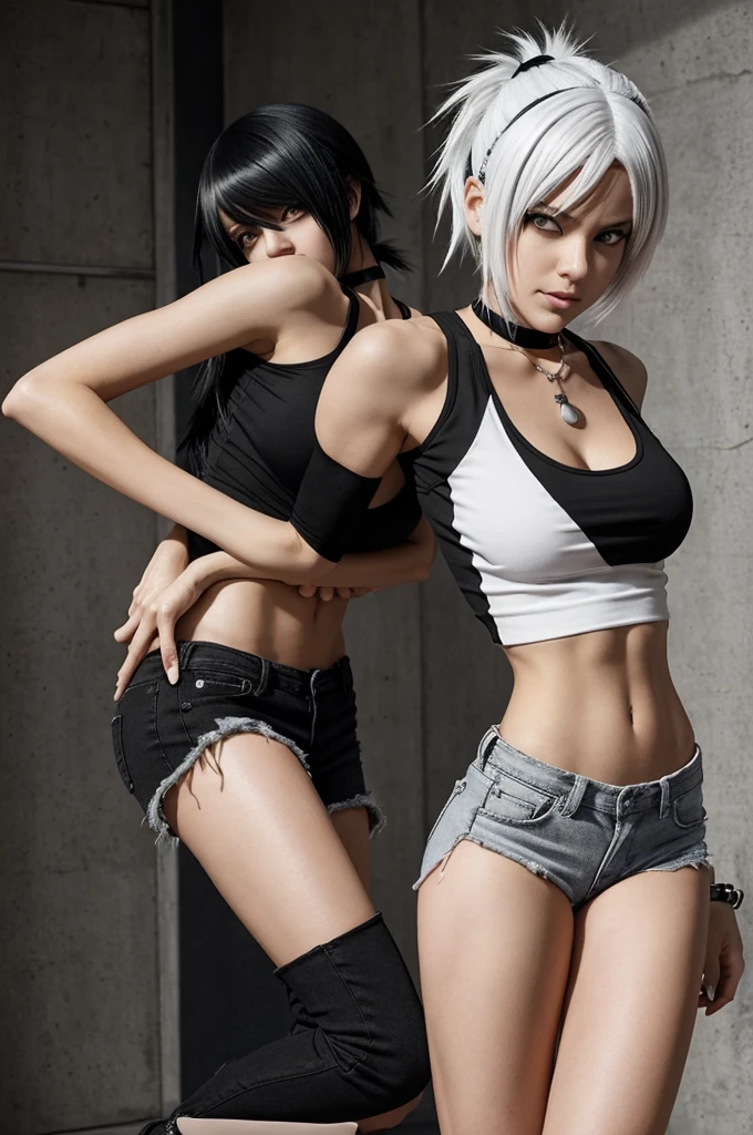 A girl with two-tone black and white hair ,Rubi red eyes and a wine-colored tank top that reveals her abdomen and bandages on her arms and black jeans faces of her legs white and black tennis shoes and a quartz necklace and a black choker with a half-moon ornament being hugged by L for death note the private investigator anime style