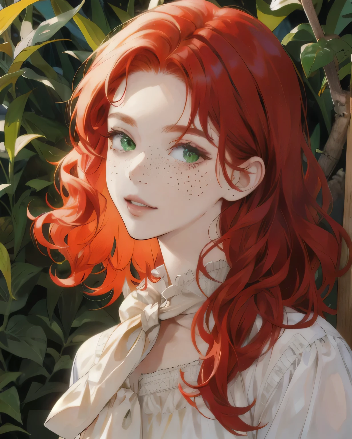 redhead, Curly hair, green eyes, freckles, Pioneer bow on the neck.