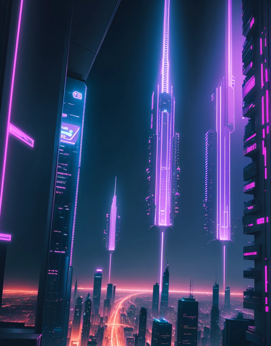 A cityscape illuminated with neon lights, with futuristic buildings and a dark atmosphere.