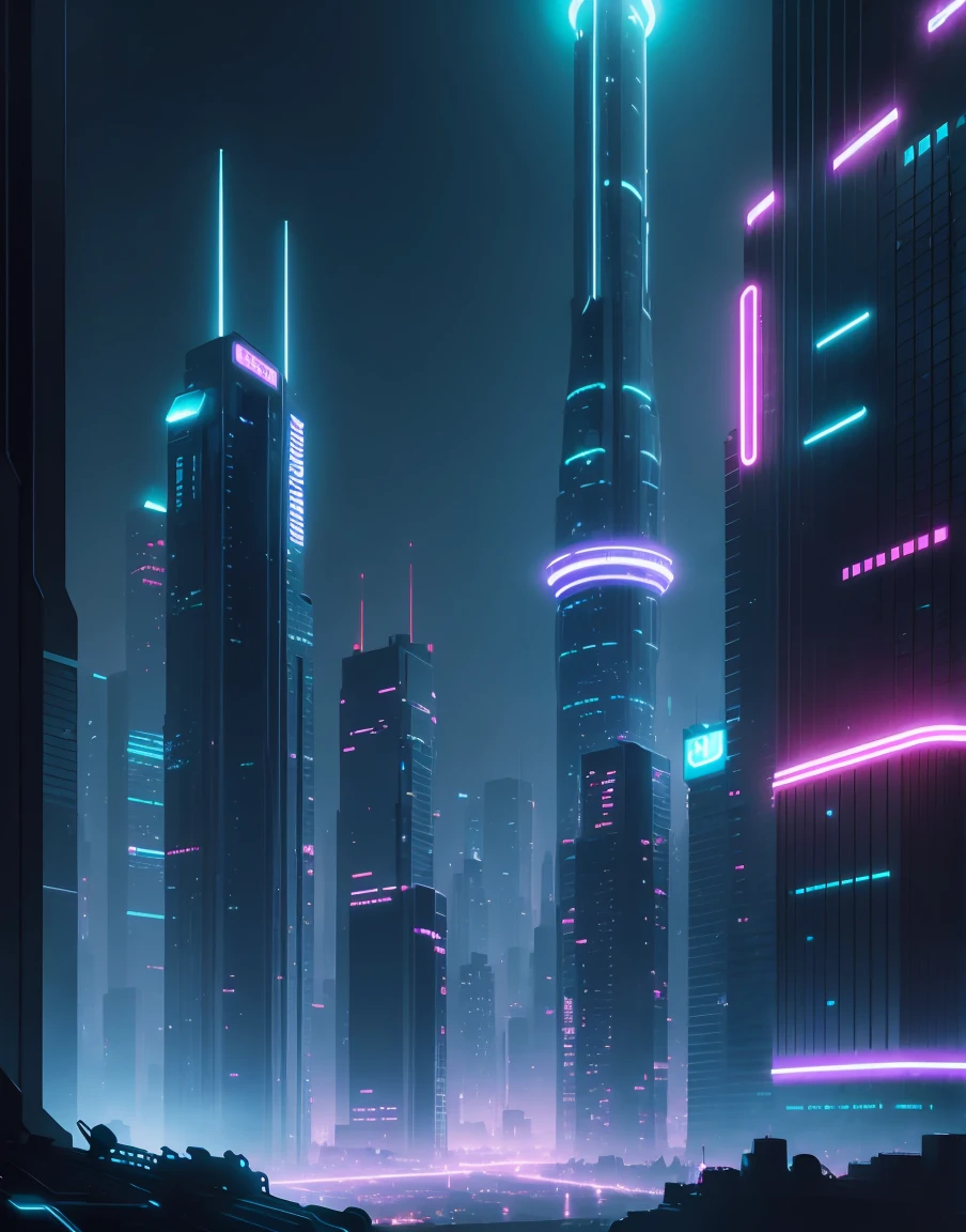 A cityscape illuminated with neon lights, with futuristic buildings and a dark atmosphere.