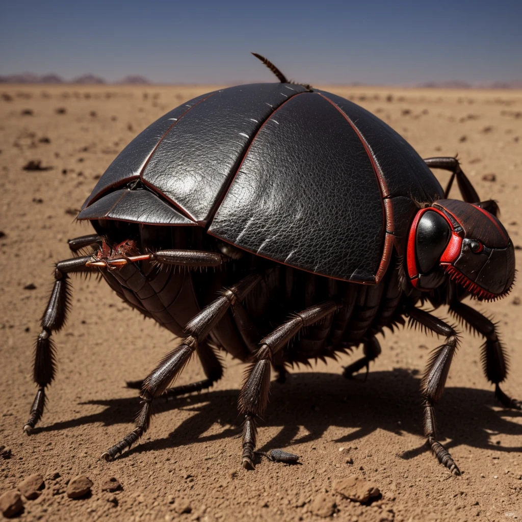 A large and powerful cockroach, with a demonic face with red eyes, open mouth, long and sharp teeth, it plays with a small planet Earth, in a dark earthen desert, with a gloomy atmosphere