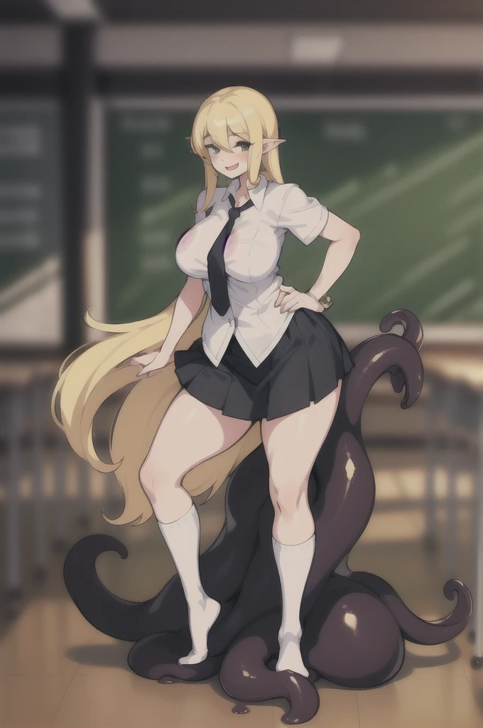 (1girl ,20s,mature female,adult),happy,white shirt,short sleeves,black standard tie,white school skirt,blonde hair,long hair,(classroom),shoggoth,full body