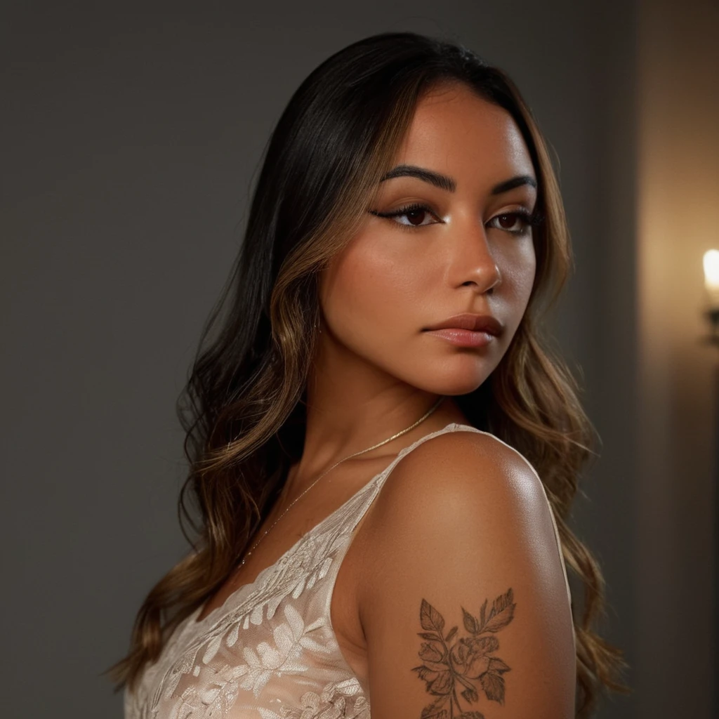 latina woman with sexy gaze, no tattoos, detailed eyes, detailed face, detailed features, high quality, 8k, hyperrealistic, photorealistic, cinematic lighting, natural skin, flawless skin, volumetric lighting, dramatic lighting, chiaroscuro, beautiful dress, elegant pose, delicate features, glowing skin, warm colors, soft lighting, cinematic composition