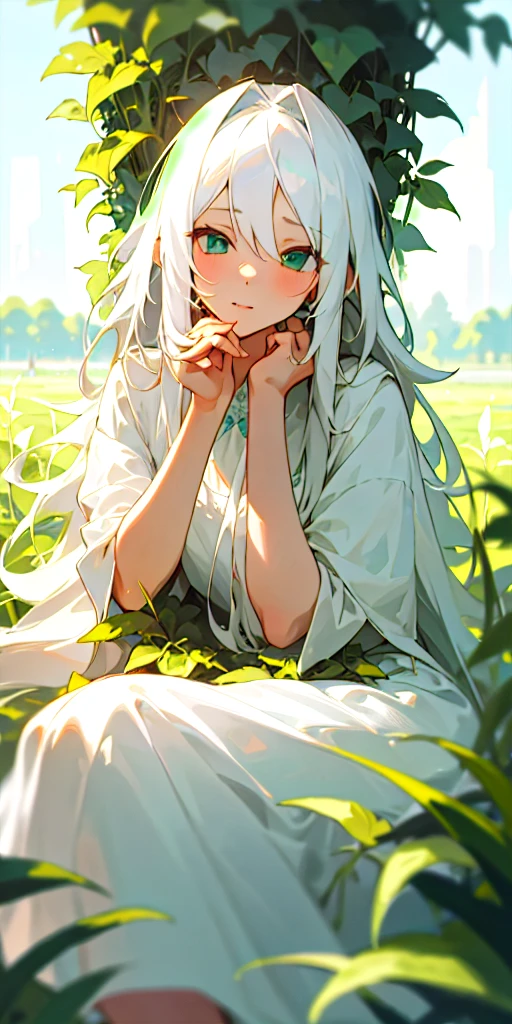 (masterpiece, best quality),1girl with long white hair sitting in a field of green plants and flowers, her hand under her chin, warm lighting, white dress, blurry foreground