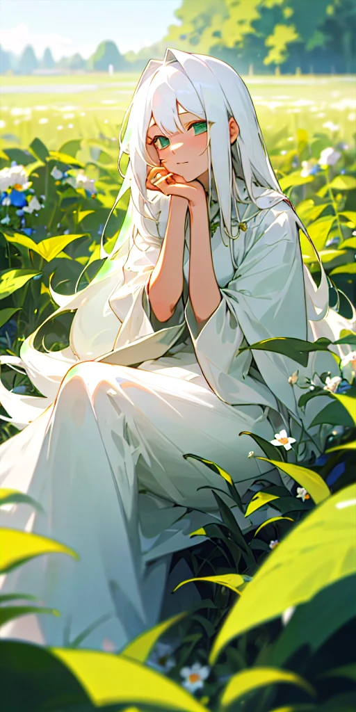 (masterpiece, best quality),1girl with long white hair sitting in a field of green plants and flowers, her hand under her chin, warm lighting, white dress, blurry foreground