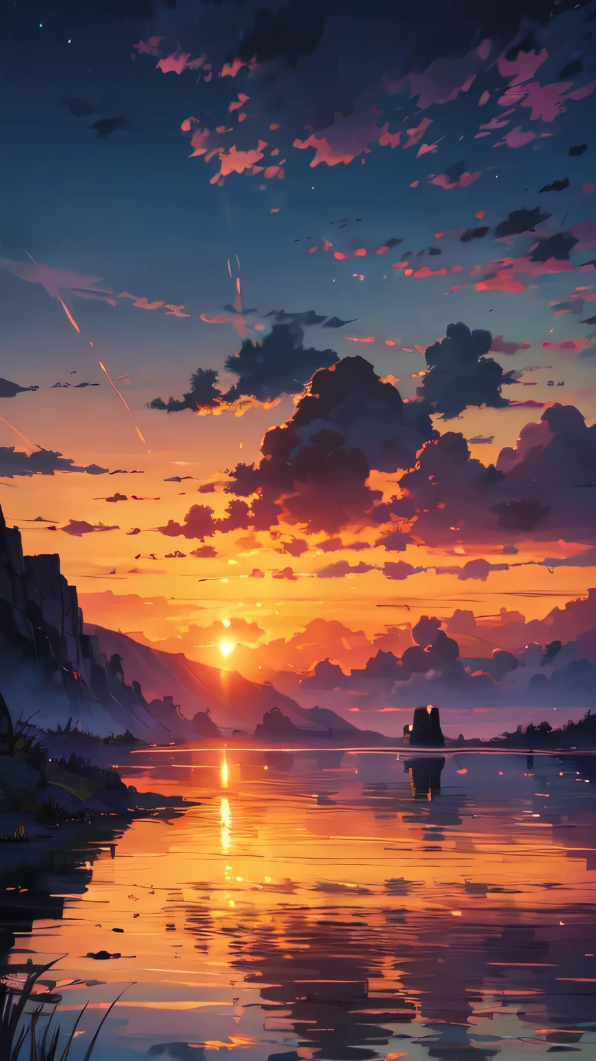 "A captivating sunset moment with a girl enchanted by the magnificent golden sunlight and billowing clouds, evoking a sense of awe and vibrant colors. Masterpiece."