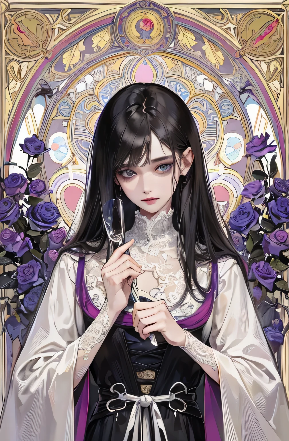 basic modern, (((man))), A Vampire man tarot card with, man, perfect face, young, (((Oval face))), Dark clothes, soft and melancholic facial features, delicate, No wrinkles, Gothic style, perfect detailed eyes and face, black hair and blue eyes vampire man, Hybrid style of synthwave and modern, bold and smooth lines, dynamic composition, combining organic patterns in a modern style, intricate roses and motifs, переплетающиеся с геометрическими figureми, figure, personifying the Vampire with a touch of mysticism and gothic, commanding yet serene expression, robes, decorated with Art Nouveau patterns, digital mesh landscapes with an emphasis on natural forms, neon outline effects, reminiscent of stained glass, White background, high contrast for easy coloring, visual clarity, French Art Nouveau, 80's Vaporwave art style. minimalist detail,