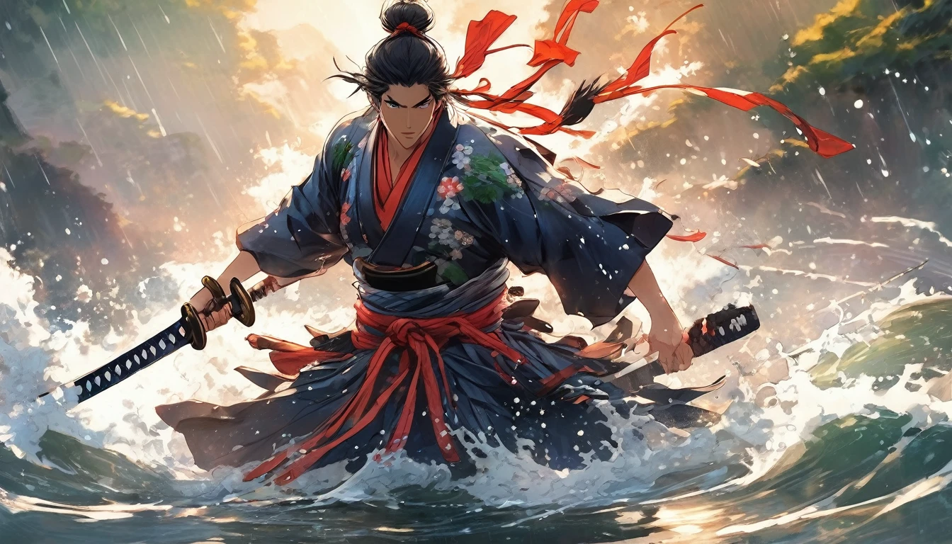 (best qualityer, Ultrathin, Samurai emerging from the water, forcefully splashing water from clothes, a hand holding a Samurai sword, fighting, Evasion, Dodge, realisitic, photo-realisitic:1.37), swirly vibrant colors, sharp focus, bokeh, (fancy:1.2),(Mysterious Landscape), (dynamic pose:1.37), intense gaze, extraordinary power, Mythical power, black and red, rainy daytime, Wounds on the body, splashing water, Japanese style)