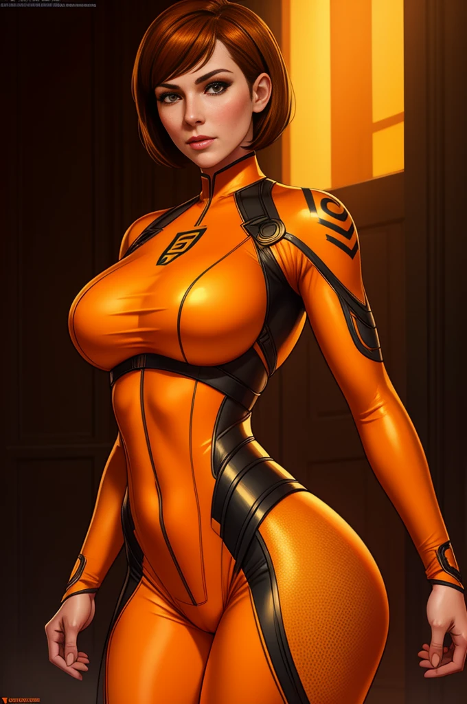 Cate Archer, female character, body suit, bobcut hairstyle, orange and white color scheme, seductive pose, detailed facial features, intricate costume design, cinematic lighting, photorealistic rendering, concept art style, masterpiece, ultra-detailed