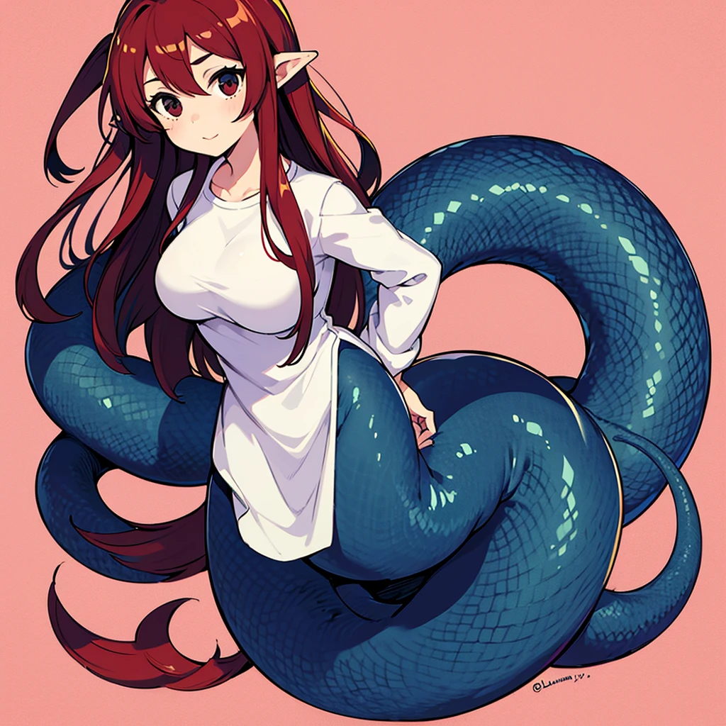 Highest quality, 1girl, solo, long red hair, black eyes, large breasts, lamia, scales, white shirt, full body