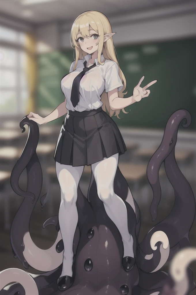 (1girl ,20s,mature female,adult),happy,white shirt,short sleeves,black standard tie,white school skirt,blonde hair,long hair,(classroom),shoggoth,full body