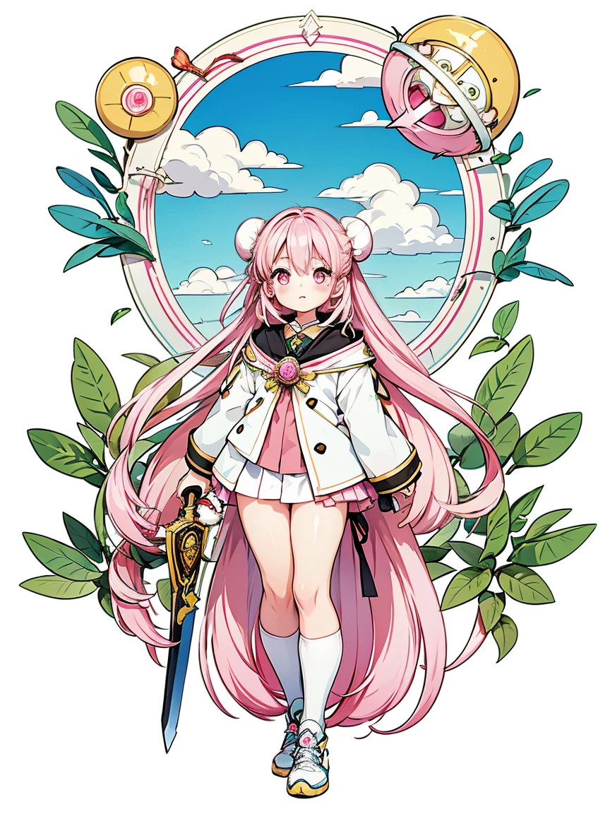 ((Stickers))，Stickers，1 Girl, With sword, White Background,Simple Background,Concept Art,Under Art，Anime Style，Dreamland Wonderland、Fantasy，masterpiece，High resolution，colorful，Detailed explanation，Seven Colors,(Highest quality,masterpiece, Complex,Super detailed,8K超High resolution,超High resolution，Very detailed)，{Detailed and beautiful eyes}, finely,  Detailed and beautiful eyes,1 Girl, (alone:1.5),  (Hair Ribbon:0.4), Pink Eyes,Cinematic Angles,perspective,(((White bun hair))),(((Long pink hair))),whole body,