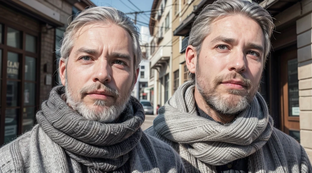 bushy man with beard and scarf, gray hair and beard, 53 years old man with dark gray hair, some gray hair in his beard, short white beard, Gray beard, silver hair and beard, he has a beard and middle aged man 53 years different poses and different clothes and the same face he is alone in the realistic photo