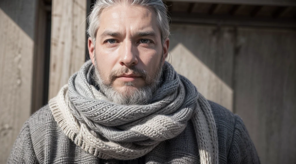 bushy man with beard and scarf, gray hair and beard, 53 years old man with dark gray hair, some gray hair in his beard, short white beard, Gray beard, silver hair and beard, he has a beard and middle aged man 53 years different poses and different clothes and the same face he is alone in the realistic photo