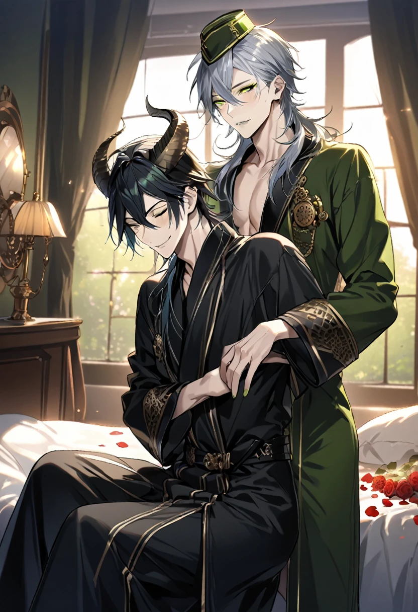 1boy, 1man, duo, super fine illustration, best quality, steam punk, luxurious hotel suite, king-size bed,young adult, black hair, blue eyes, silver hair, green eyes, handsome,peaceful sleeping, rose petals, soft lighting, serene expressions, window light, intimate,full-face blush, Naked a bathrobe,shut one's eyes,NSFW malleus draconia (twisted wonderland) horns, bishounen, boy, male, yana Toboso style, long hair, black hair, yellow green eyes, smile, gray lips, handsome, skinny, tall, yellow green glow,