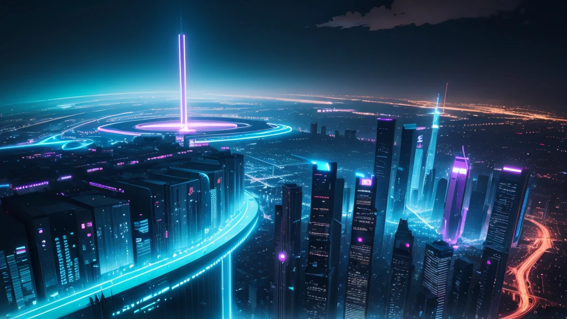 A cityscape illuminated with neon lights, with futuristic buildings and a dark atmosphere.