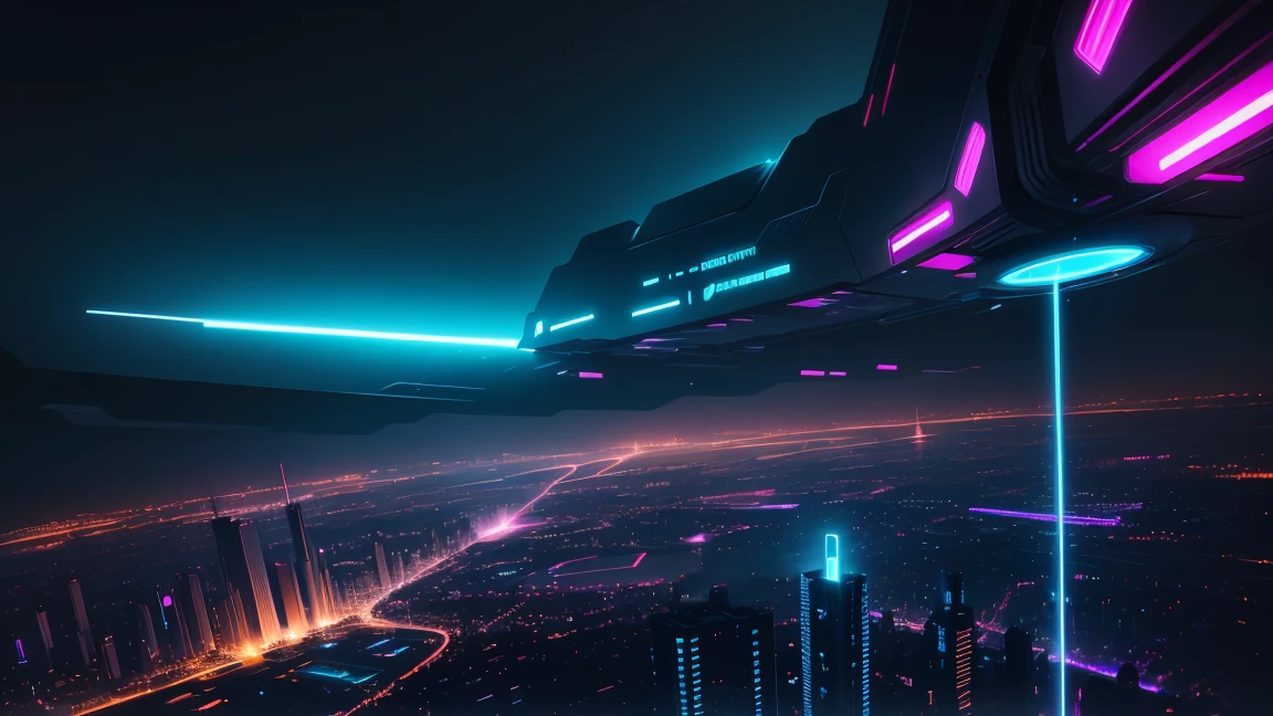 A cityscape illuminated with neon lights, with futuristic buildings and a dark atmosphere.