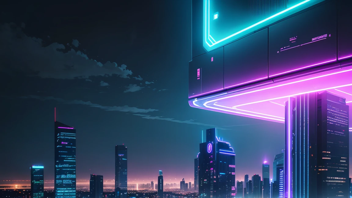 A cityscape illuminated with neon lights, with futuristic buildings and a dark atmosphere.