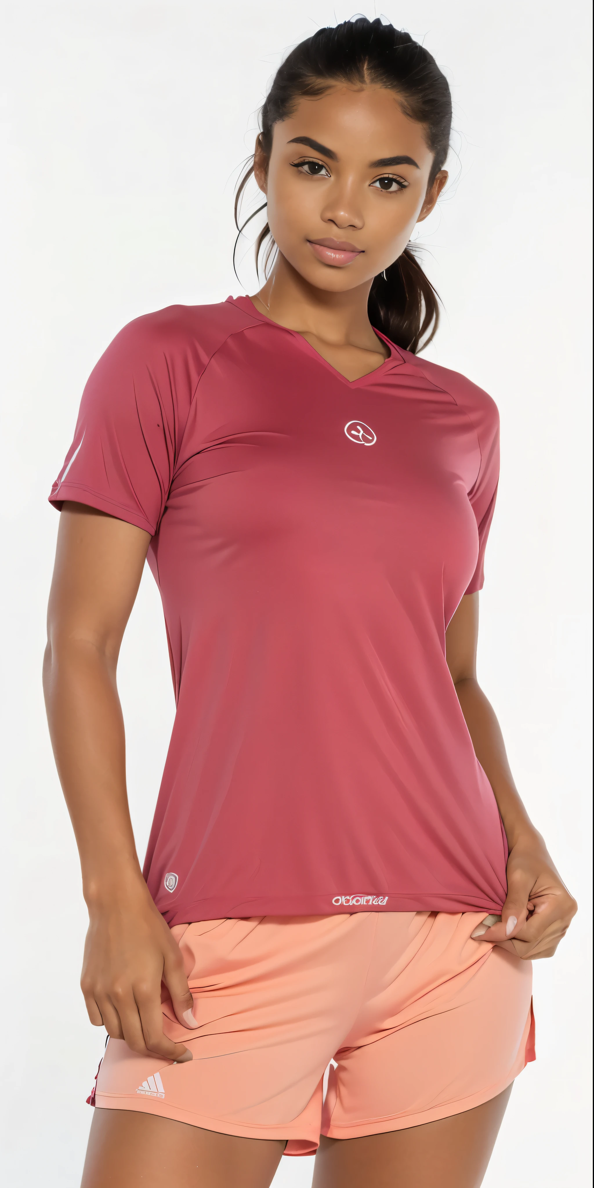 a close up of a white woman in a Blusa rosa and shorts, sport camiseta, usando blusa com decote em V, Manga curta, violet coloured camiseta, camisa magenta, Blusa rosa, camisa de malha, com dois bolsos frontais, 3/4 vista frontal, tennis wear, red camiseta, treinar com marrom, camiseta, camiseta, ultra