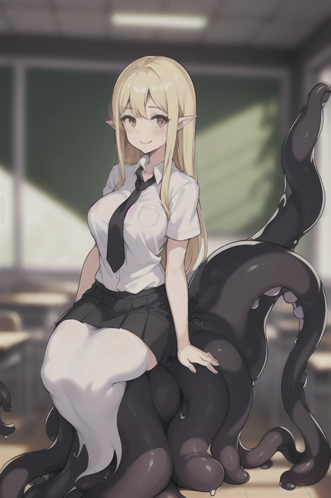 (1girl ,20s,mature female,adult),happy,white shirt,short sleeves,black standard tie,white school skirt,blonde hair,long hair,(classroom),((shoggoth body)),full body