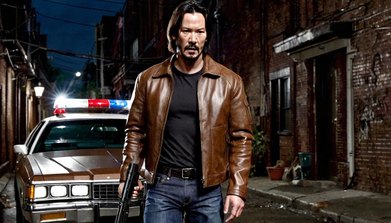 Keanu Reevs dressed in a light brown leather jacket and jeans, with a shotgun in his hand, walking through an alley at night, in the background a (modern police car), hyperrealistic image, cinematographic, cinematography, dark lighting, NOIR image , very detailed, very focused, realistic movie poster style, dynamic shot, --chaos 10 --ar 6:5 --raw style --stylize 600