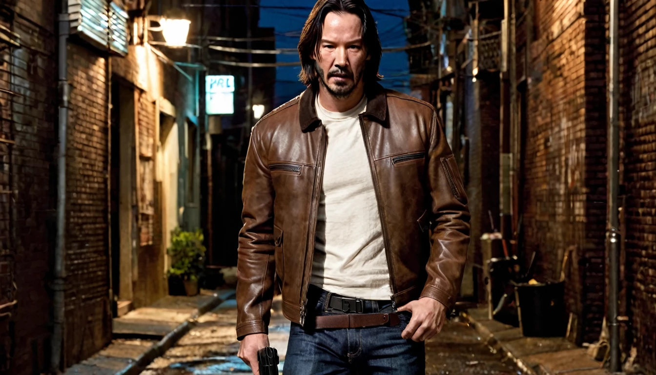 Keanu Reevs dressed in a light brown leather jacket and jeans, with a shotgun in his hand, walking through an alley at night, in the background a (modern police car), hyperrealistic image, cinematographic, cinematography, dark lighting, NOIR image , very detailed, very focused, realistic movie poster style, dynamic shot, --chaos 10 --ar 6:5 --raw style --stylize 600