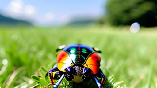 Children playing with beautiful beetles in the grassland、Children playing with beautiful beetles in the grassland、Colorful Mushiking