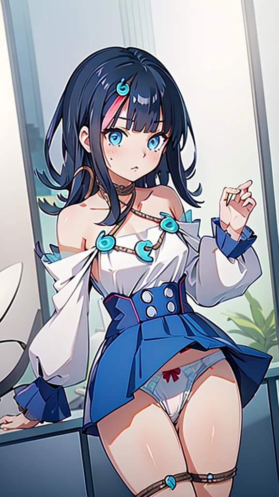 Blue Panties、Panties in full view、In underwear、(masterpiece, best quality), 1girl,   utsumiericeFA,long sleeves, bare shoulders, jewelry, puffy sleeves, necklace,, streaked hair,  blue ribbon, puffy long sleeves,magatama,