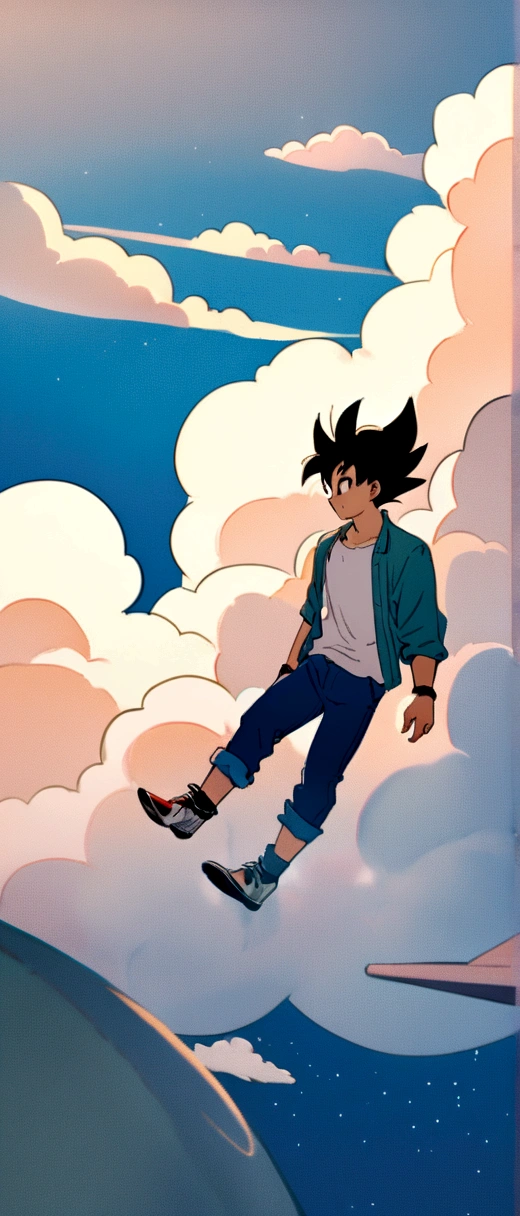 Goku flying,over the clouds,wearing casual clothing