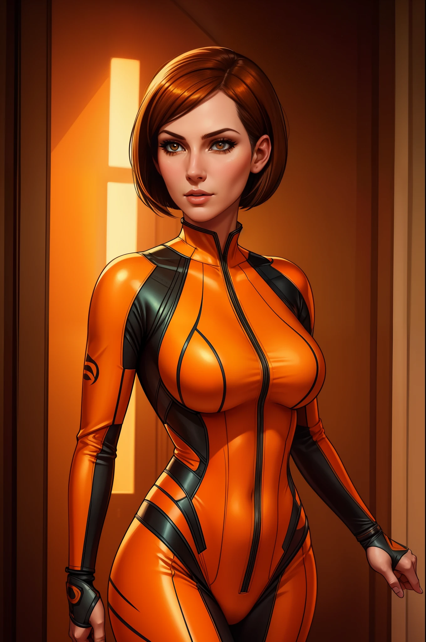 Cate Archer, body suit, bobcut, orange and white