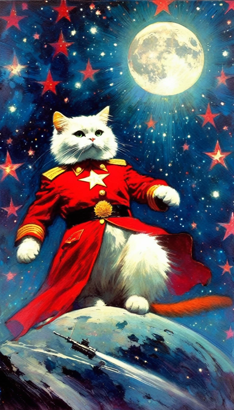 1communist cat, red star, magic, fantastic, night sky, moon, stars, background, (art inspired in Bill Sienkiewicz). oil painting)
