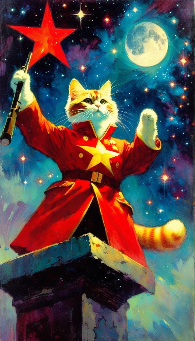 1communist cat, red star, magic, fantastic, night sky, moon, stars, background, (art inspired in Bill Sienkiewicz). oil painting)