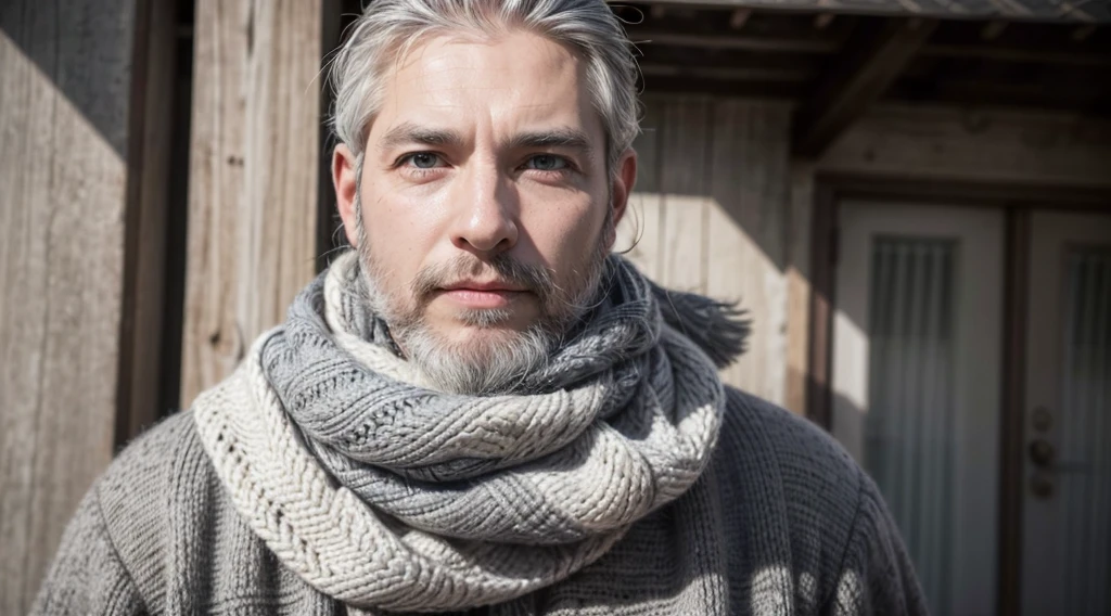 bushy man with beard and scarf, gray hair and beard, 53 years old man with dark gray hair, some gray hair in his beard, short white beard, Gray beard, silver hair and beard, he has a beard and middle aged man 53 years different poses and different clothes and the same face he is alone in the realistic photo
