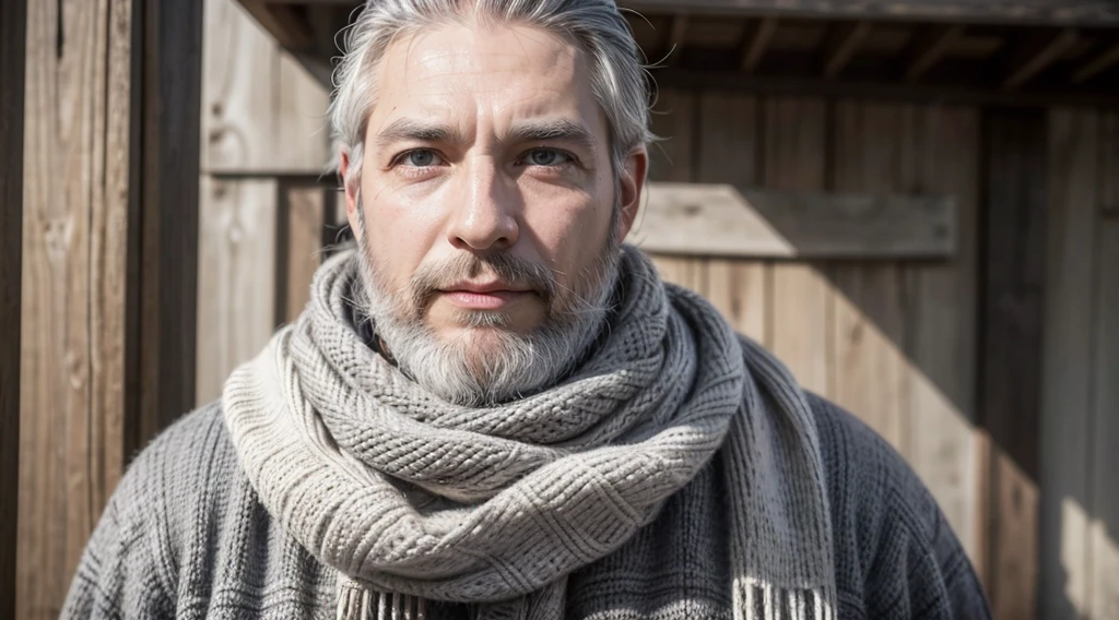 bushy man with beard and scarf, gray hair and beard, 53 years old man with dark gray hair, some gray hair in his beard, short white beard, Gray beard, silver hair and beard, he has a beard and middle aged man 53 years different poses and different clothes and the same face he is alone in the realistic photo