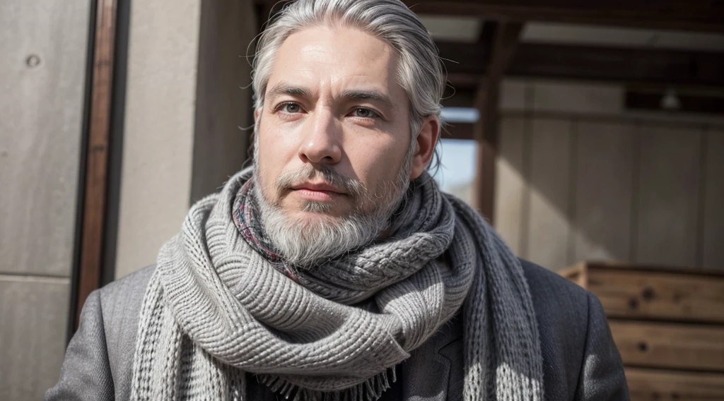 bushy man with beard and scarf, gray hair and beard, 53 years old man with dark gray hair, some gray hair in his beard, short white beard, Gray beard, silver hair and beard, he has a beard and middle aged man 53 years different poses and different clothes and the same face he is alone in the realistic photo